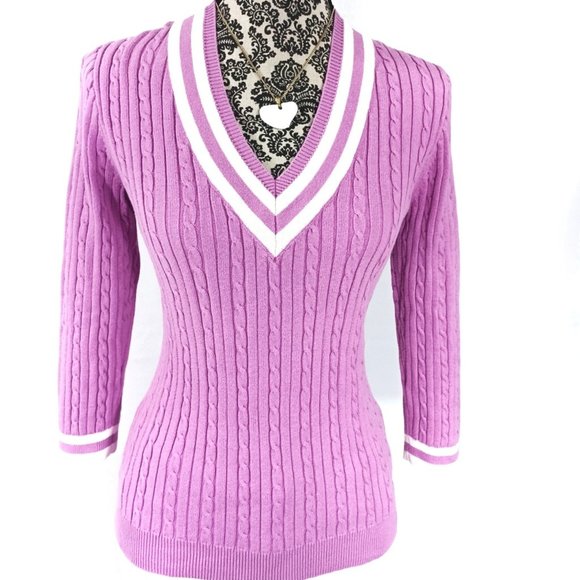 CHAPS CLASSICS Preppy V Neck Stripe Cable Knit Cotton Sweater M - Picture 2 of 4
